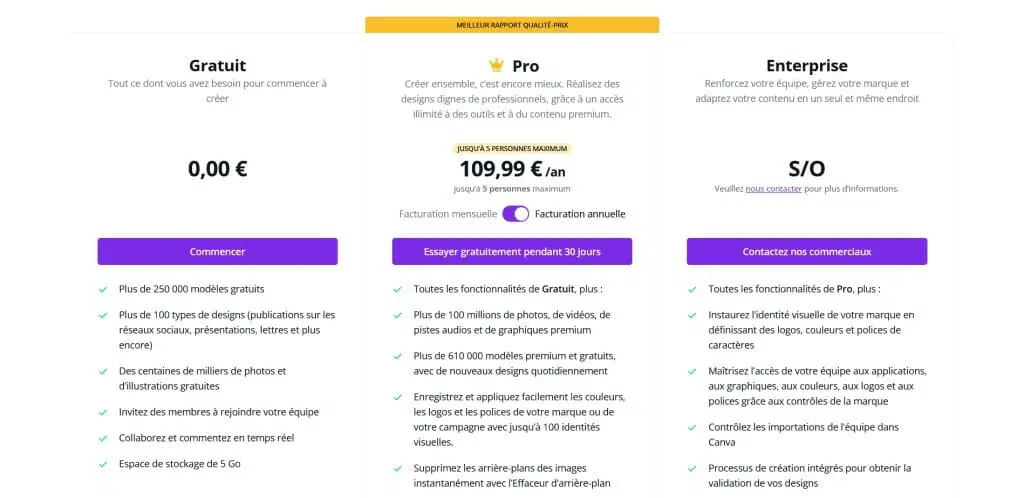 différentes options d'abonnement Canva